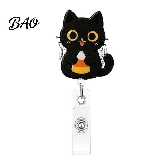 Cute Black Cat Id Card Reel Halloween Pumpkin Badge Reel, Retractable with 360 Degree Rotating Clip, Work for Nurses Acrylic Decorative ID Holder And
