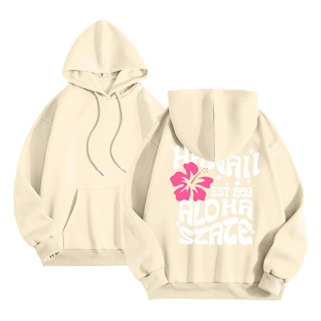 Women's Fashion Long Sleeve Sweatshirt Letter Printed Hooded Drawstring Pullover Oversized Pocket Sweatshirt Top