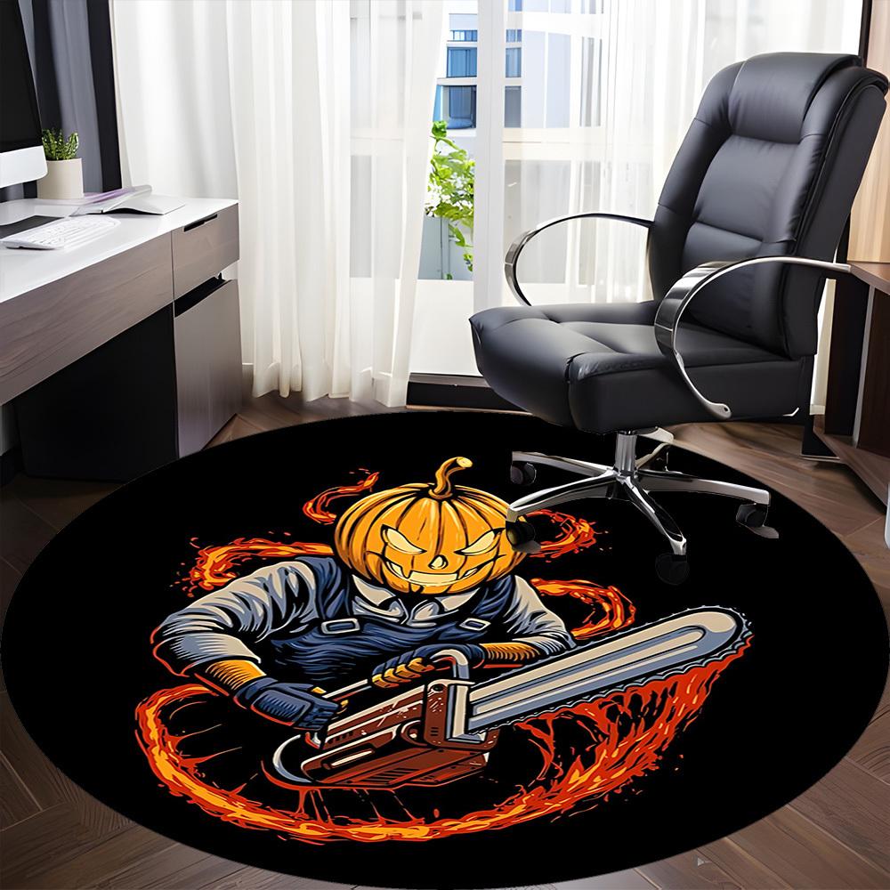 1pc PumpkinChainsaw, HalloweenArt Office Round Area Rug, Under Office Chairs Bedroom Living Room Home Decor, Room Deco, Available in Various Sizes