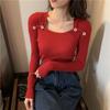 Осенние вязаные топы с длинными рукавами, модные пуговицы с украшением, свитера с квадратным воротником, корейские однотонные облегающие пуловеры для женщин 28523