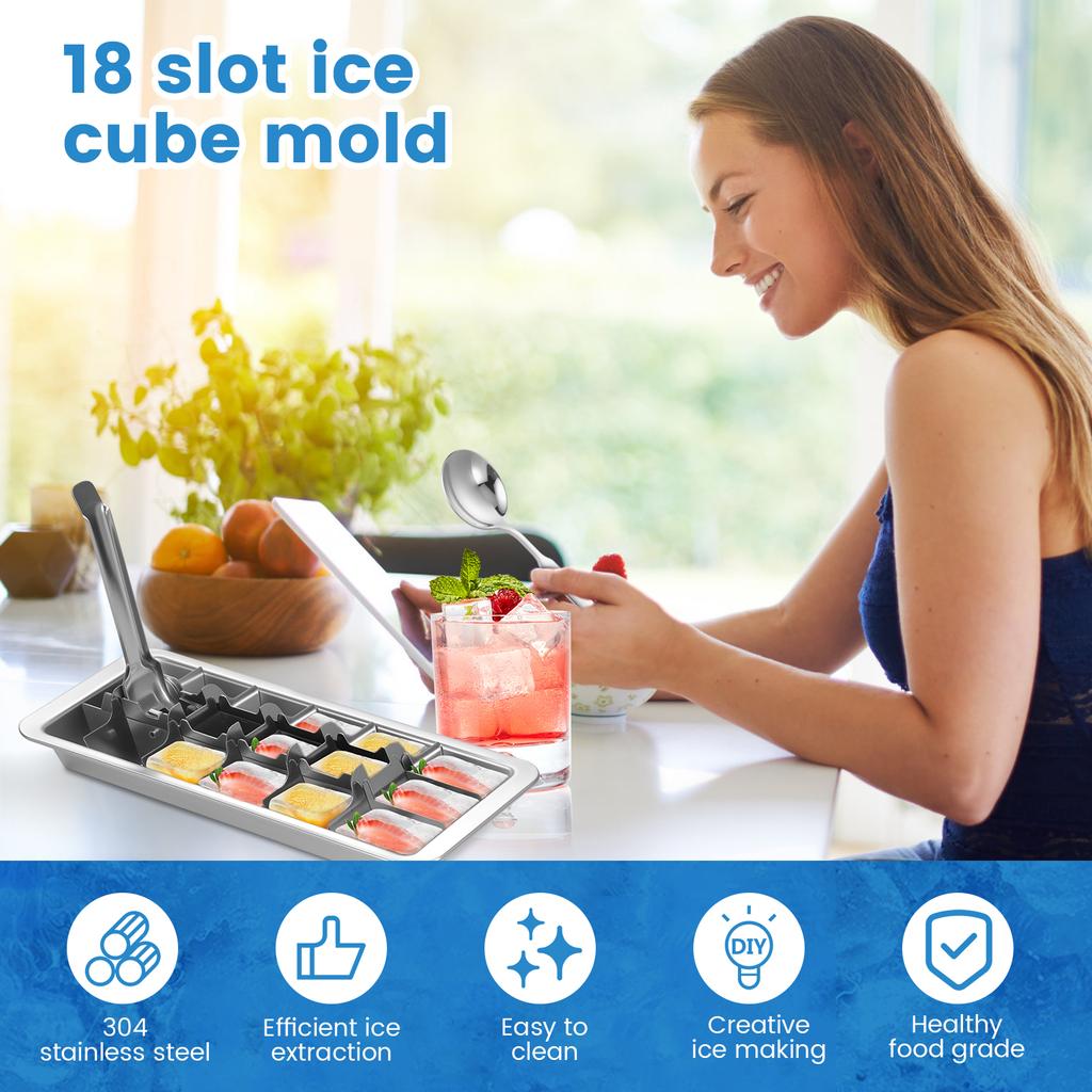 Stainless Steel Ice Cube Tray Easy to Release Ice Lattice Mould with 18 Slots and Release Handle Easy to Clean for Freezer Bar