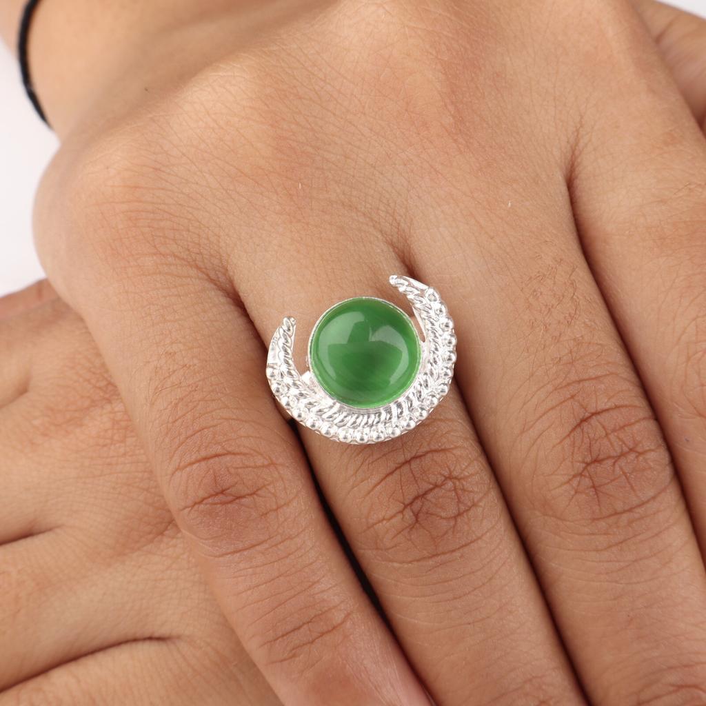 Green Cat's Eye Gemstone 925 Sterling Silver Handmade Jewelry Ring Bohemian Gift RR-48-40