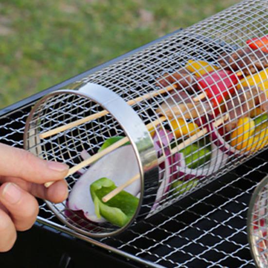 Yousheng Stainless Steel BBQ Grill Basket with Wooden Handle Rolling Cage for Even Cooking Vegetables Seafood Meat Camping Barbecue Tool