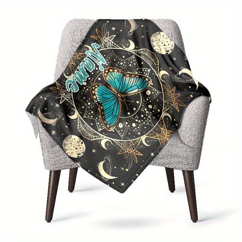 Mandala Blue Butterfly Moon Customized Your Name Blanket Warm Comfortable Soft Blanket For Chair Office Sofa Bed Sofa Office Camping Suitable For