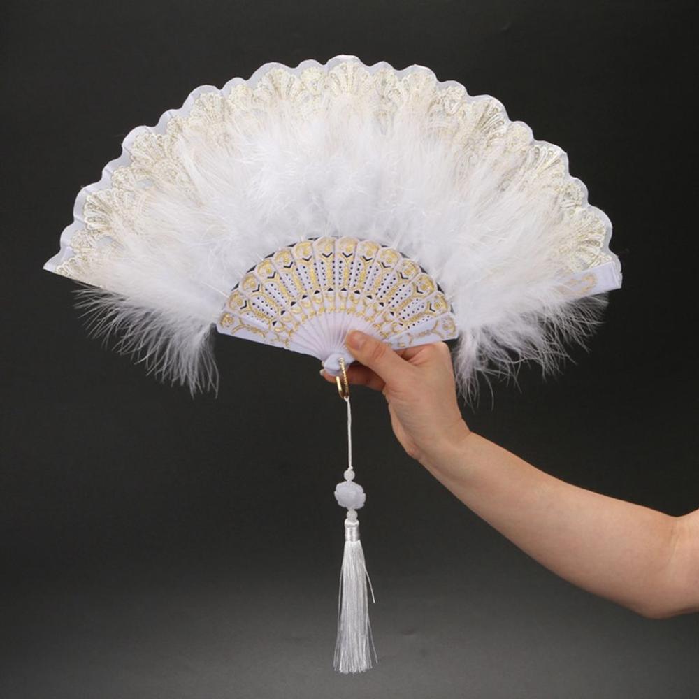 For Lolita Handmade with Pendant Dance Hand Fan Party Decor Feather Folding Fan Wedding Gift