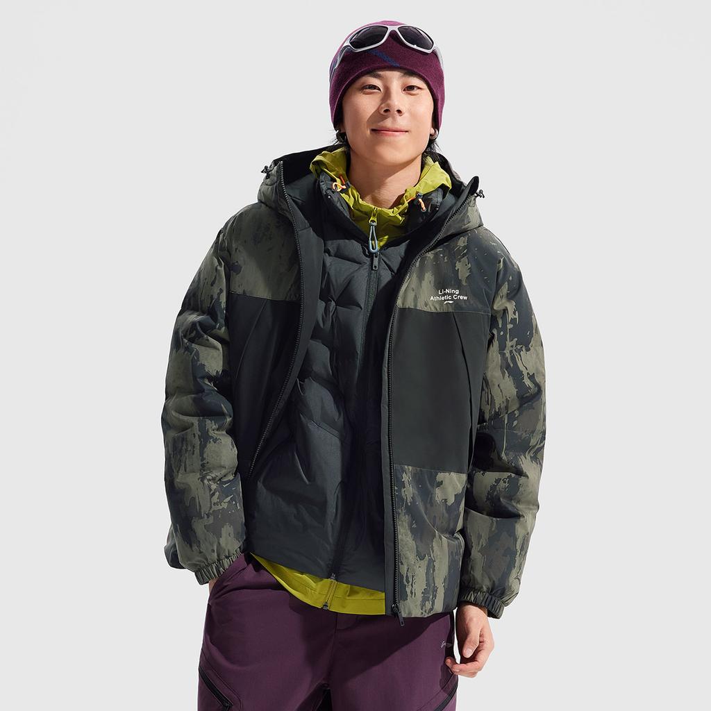 Li-Ning Hot Pot Down Series Water-Repellent Letter Print Hooded Versatile Casual Zipper Short Winter Down Jacket Men Jacket Black AYMU251-5