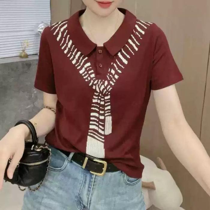 Lapel Short-sleeved T-shirt for Women In Summer New Scarf Printed Temperament Versatile Slim Lapel Top