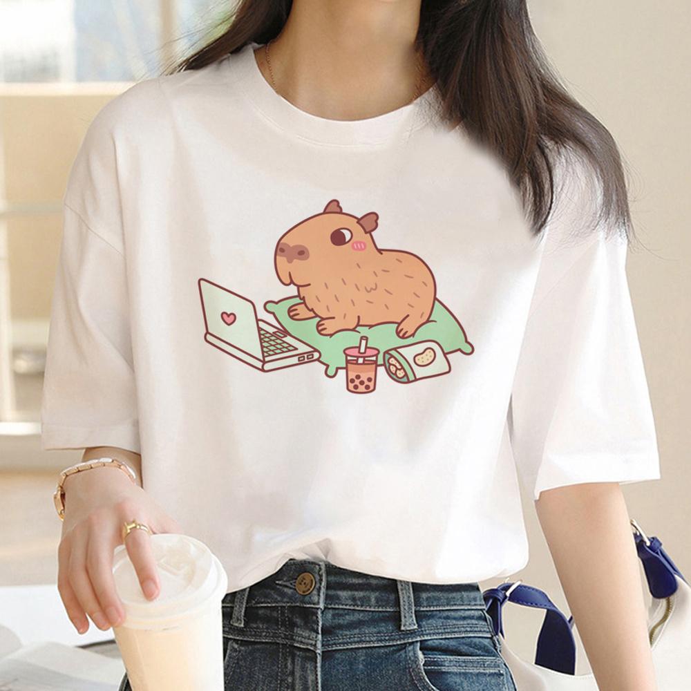 Capybara T Shirt Women Print Summer White Top Cotton T-shirt Graphic Tees Women Vintage Streetwear 90s Plus Size Tshirt Female