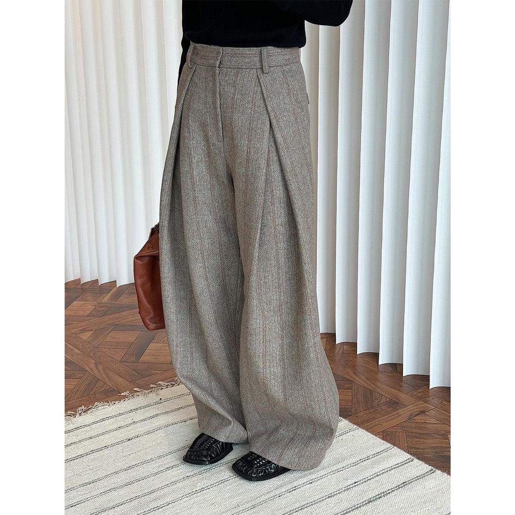 Women's High-Waist Herringbone Wool Wide-Leg Trousers
