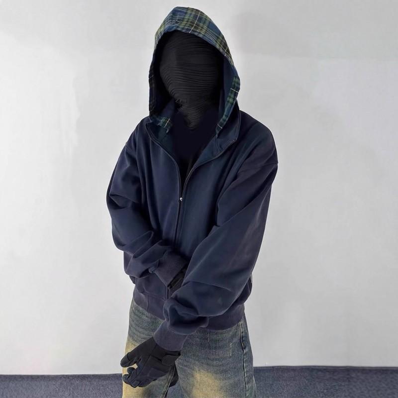 Unisex Streetwear Plaid Patchwork Hooded Zip-Up Sweatshirt Casual Oversized Fit