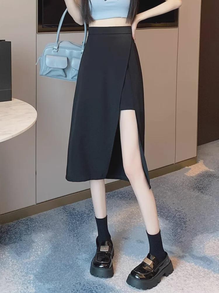 Весенняя юбка-миди в корейском стиле с высокой талией и разрезом 2024 года