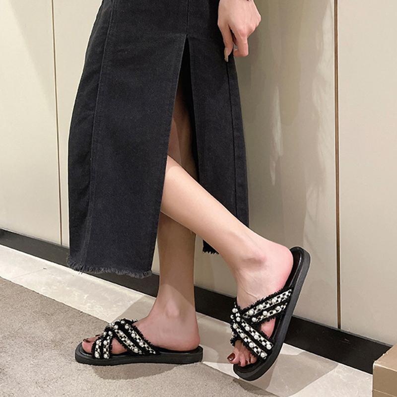 Summer Women's Pearl Flat One-shaped Sandals Slippers Home Casual Round Toe Cross Sandals Summer Women's Slippers Size 35-40