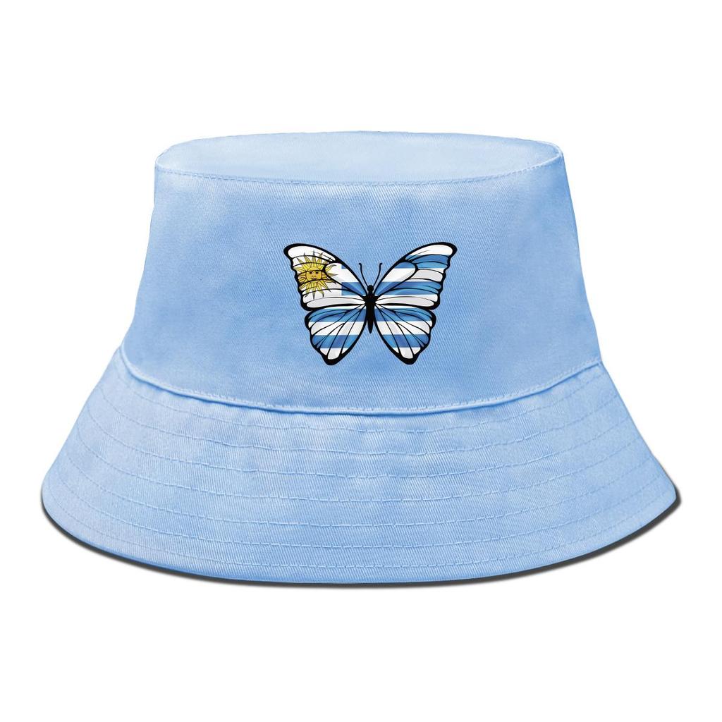 Butterfly Flag of Uruguay Print Bucket Hat , Patriotic Fisherman Hat Fashion Foldable Polyester Basin Cap
