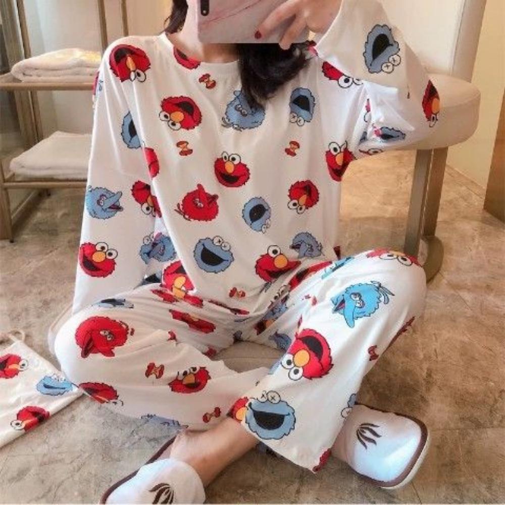 Cartoon Cute Patterned Long Sleeved Pajamas Set Female Spring Sleepwear Comfortable Cotton Round Neck Pajamas
