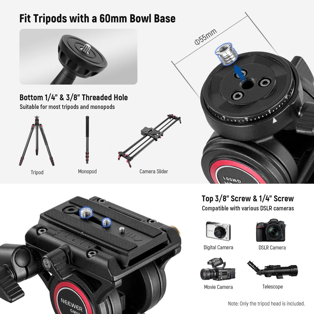 Neewer GM001 Video Tripod Head with Fluid Quick Release Telescoping and Scale Base Maximum Load Capacity of Compatible with DSLR Camcorders Head,