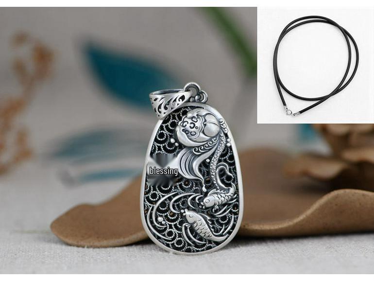 Полый кулон-капля с иероглифом Фу, карпом и лотосом - Ретро серебряная цепочка-свитер для женщин