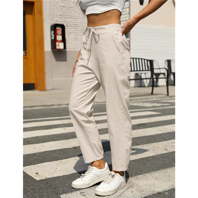 Casual Cotton Linen Drawstring Trousers For Women Comfortable Elastic Waist Long Pants Fashionable Lightweight Ladies Bottoms