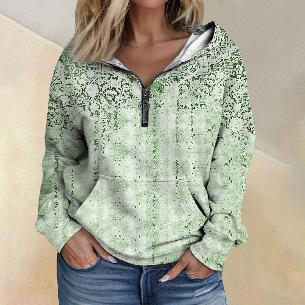 Women's Fashion Printing Long Sleeve Loose Half Zippered Hoodie With Pockets