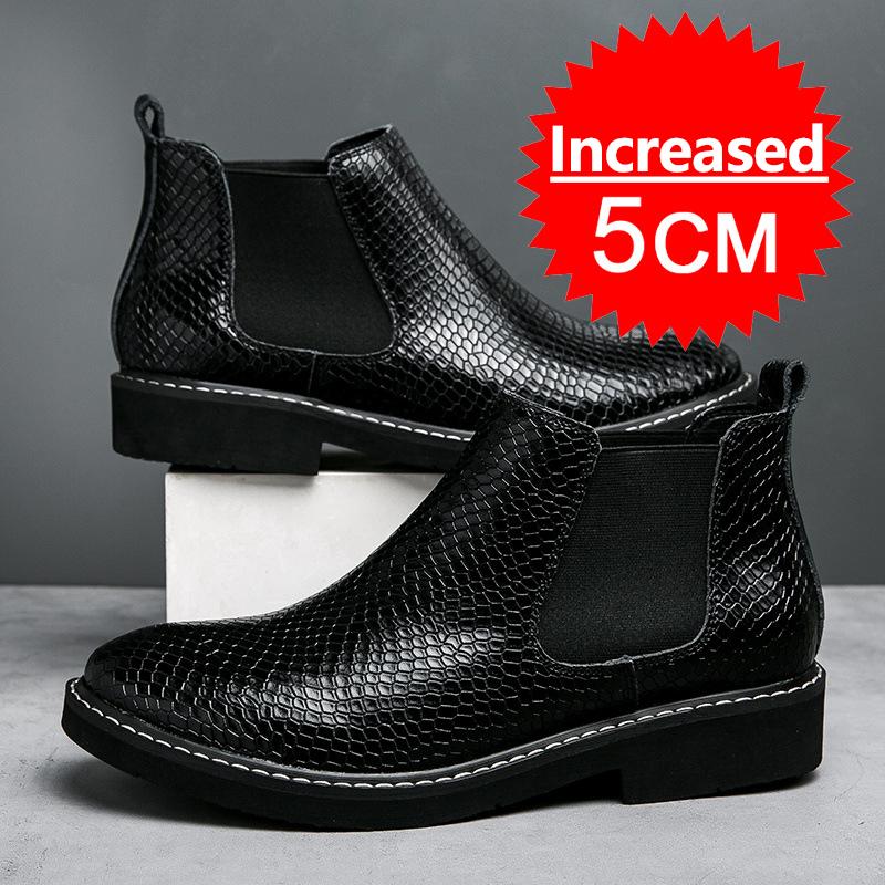 Men Snakeskin Pattern Boots Elevator Shoes Height Boots Man Increase Insole 5CM Slip-On Leather Ankle Boot Chelsea Boots