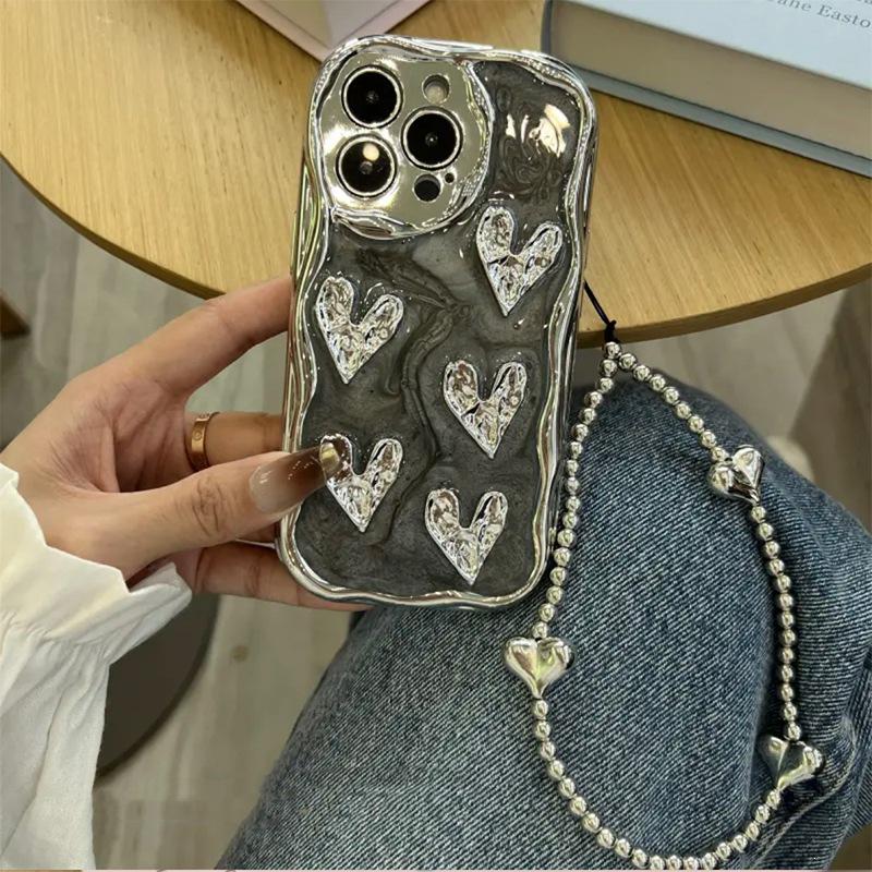 Гальванизированный складчатый чехол-сердце для iPhone 17 Pro Max с ремешком, силиконовый дизайн с защитой от протекания