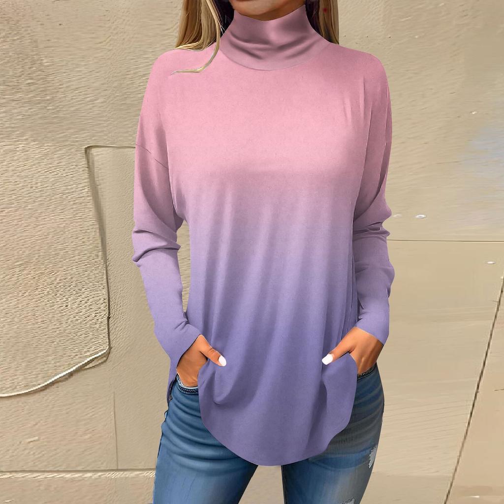 Футболки для женщин, осенние повседневные рубашки с длинными рукавами, толстовка с винтажным принтом, топ с высоким воротом, пуловер