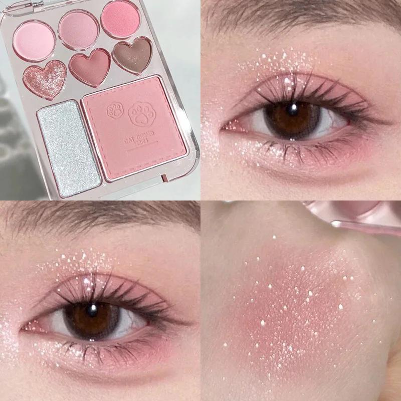 Pink Orange Eyeshadow Palette 8-Colors Facial Blusher Highlighters Brightening Lasting Heart-shaped Eye Shadow Make Up Cosmetics