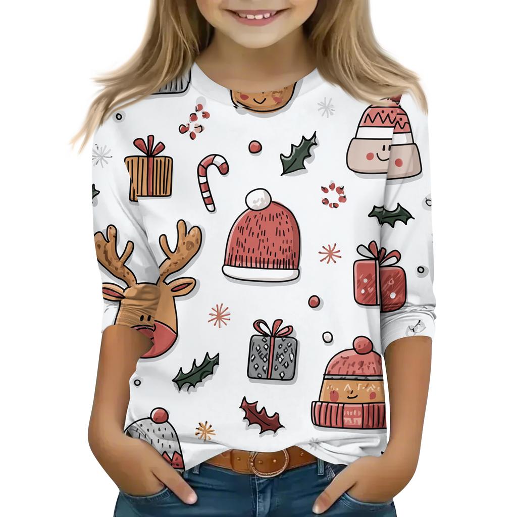 Children's 3/4 Sleeve Round Neck Top Christmas Tree Printed Everyday Casual Top