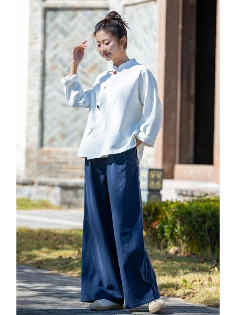 Хлопково-льняные брюки широкого кроя в гонконгском стиле: Трендовая, Удобная, Омолаживающая, Женская мода Весна-Лето больших размеров