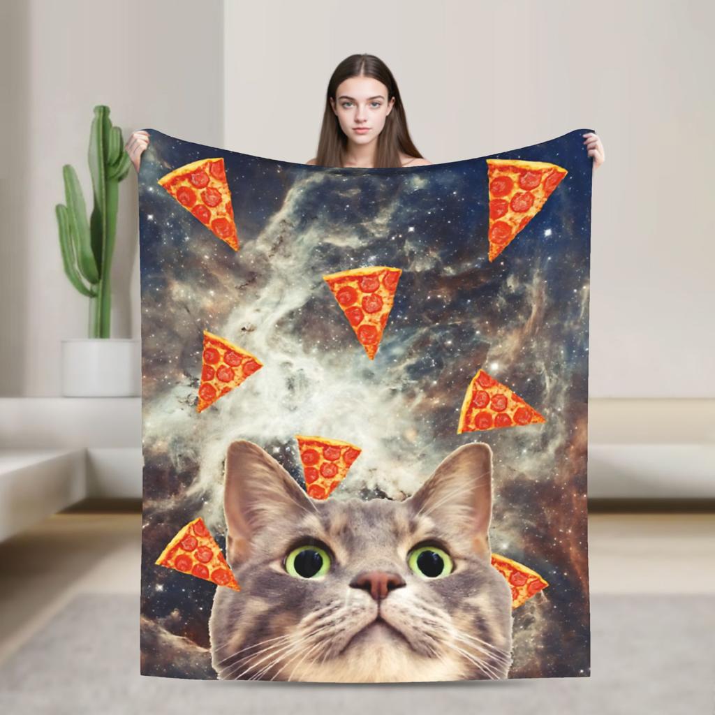 Outer Space Pizza Cat Rainbow Laser Eyes Blanket Flannel Winter Portable Soft Throw Blanket for Bedding