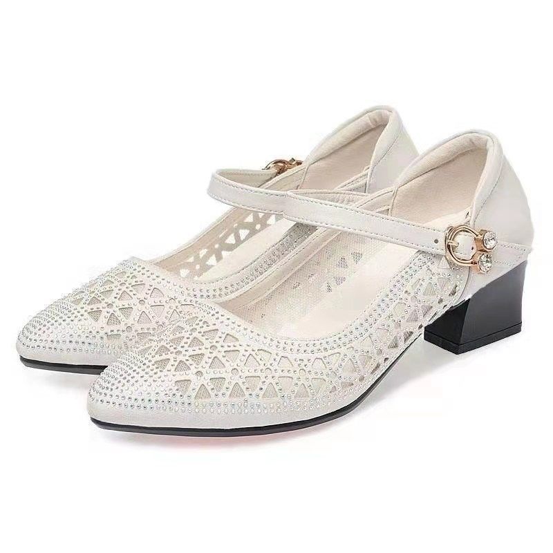 Женские туфли-лодочки со стразами, женские элегантные сетчатые сандалии на дышащей мягкой подошве, сандалии на толстом среднем каблуке, лоферы