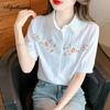 3 цвета, летняя женская блузка во французском стиле с отложным воротником и кружевом, белая, синяя, розовая, свободная хлопковая рубашка с цветочной вышивкой