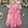Spring Women's Summer Retro Floral Print Bandage Elegant Chiffon Dress A-line Lantern Sleeve Lace-up High Waist Long Dresses