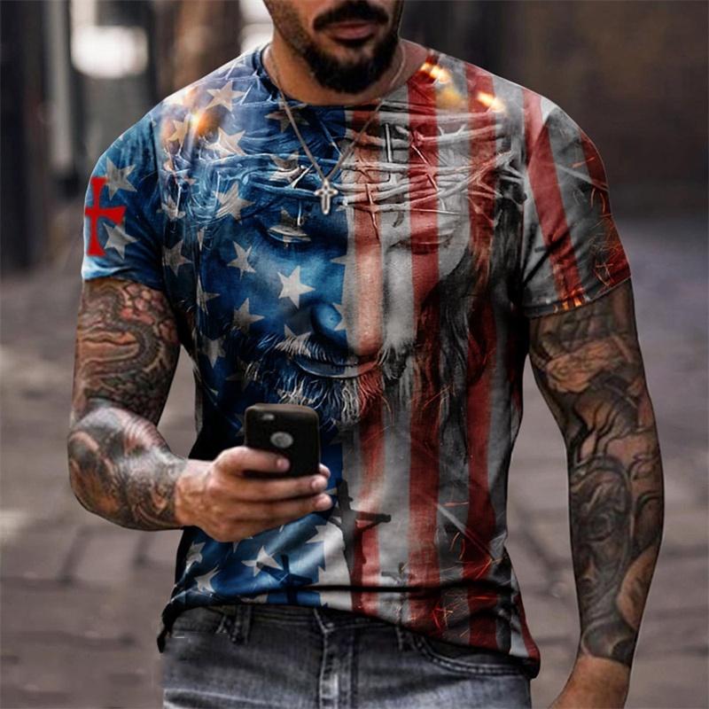 Jesus Christ Pattern T Shirt For Men American Flag 3D Printed Short Sleeve Tops Summer Casual Round Neck Loose Tee Shirts