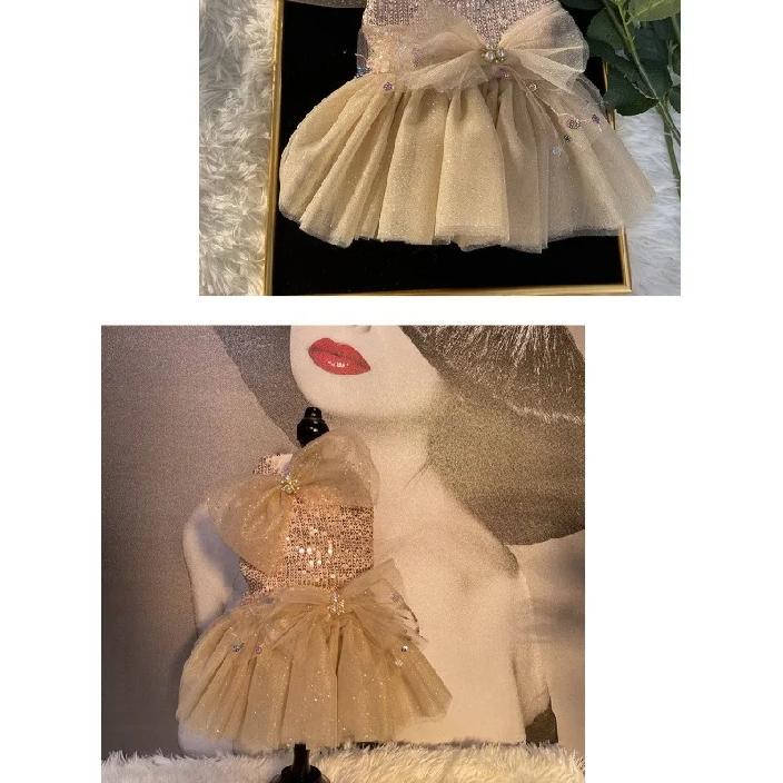 Champagne Gold Sequin Pet Formal Gown Outfit Glitter Tulle Big Bow Tutu Dress Luxury Party Wedding Costume for Small Pets
