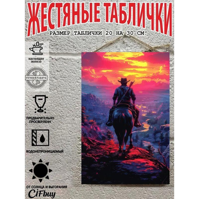 Металлическая жестяная табличка "Ковбой на лошади" 20x30 см Рустикальный декор стен