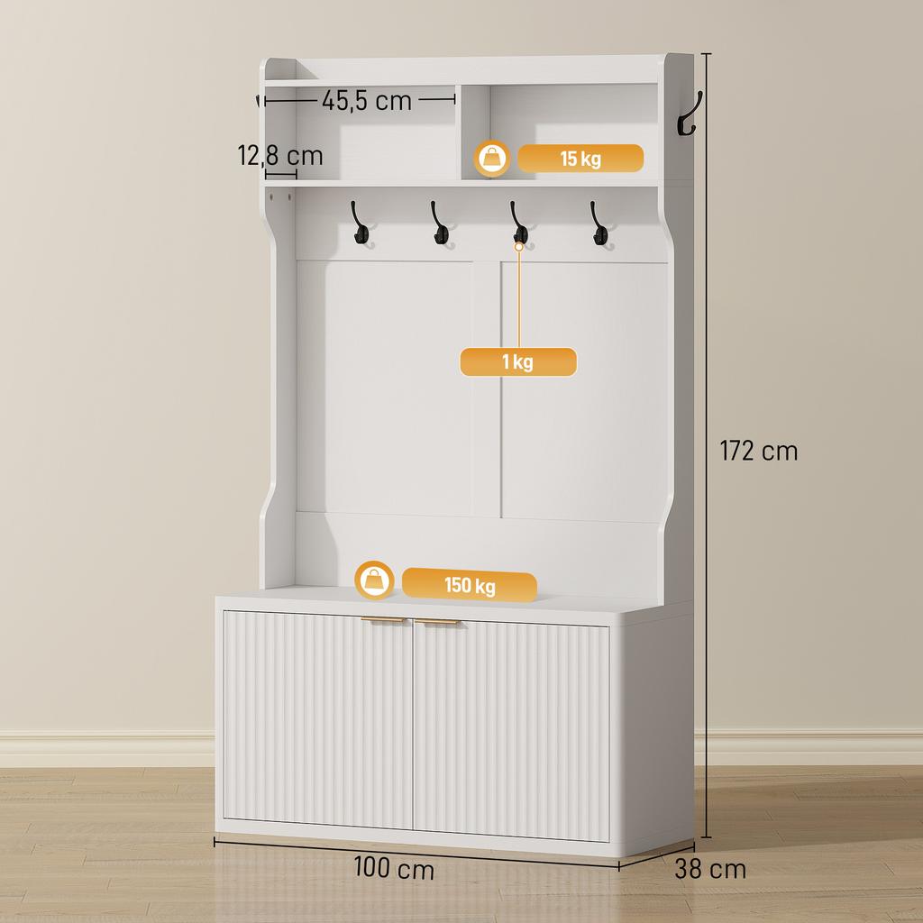 4-in-1 Coat Rack and Shoe Storage with Open Shelf, 100x38x172cm, White