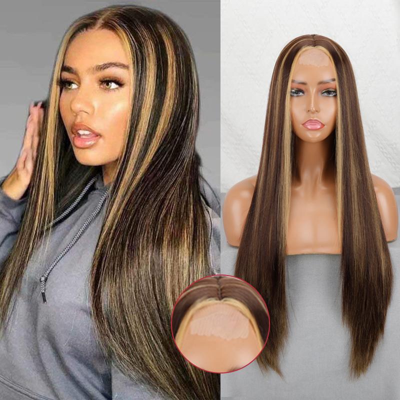 MISS WIG Женский длинный прямой парик без челки, синтетическое волокно, кружевной передний парик с омбре, цвет красного вина, повседневный парик