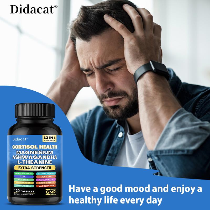 Didacat Cortisol Health Magnesium Ashwagandha L-Theanine Supplement, 13 in 1 Extra Strength 120 Capsules