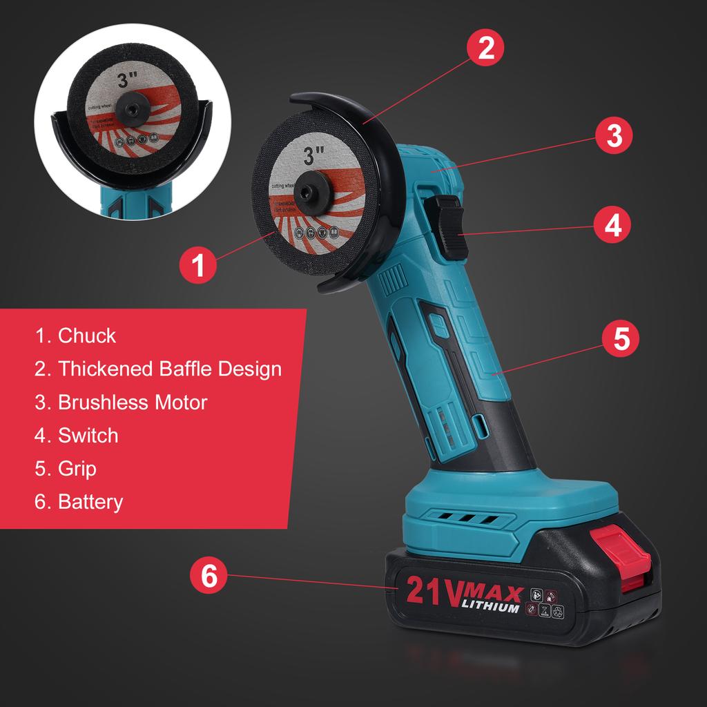 21V Cordless Angle Grinder Kit with 19000 RPM Brushless Electric Motor Power Angle Grinder Tools with 2 x 1300mAh