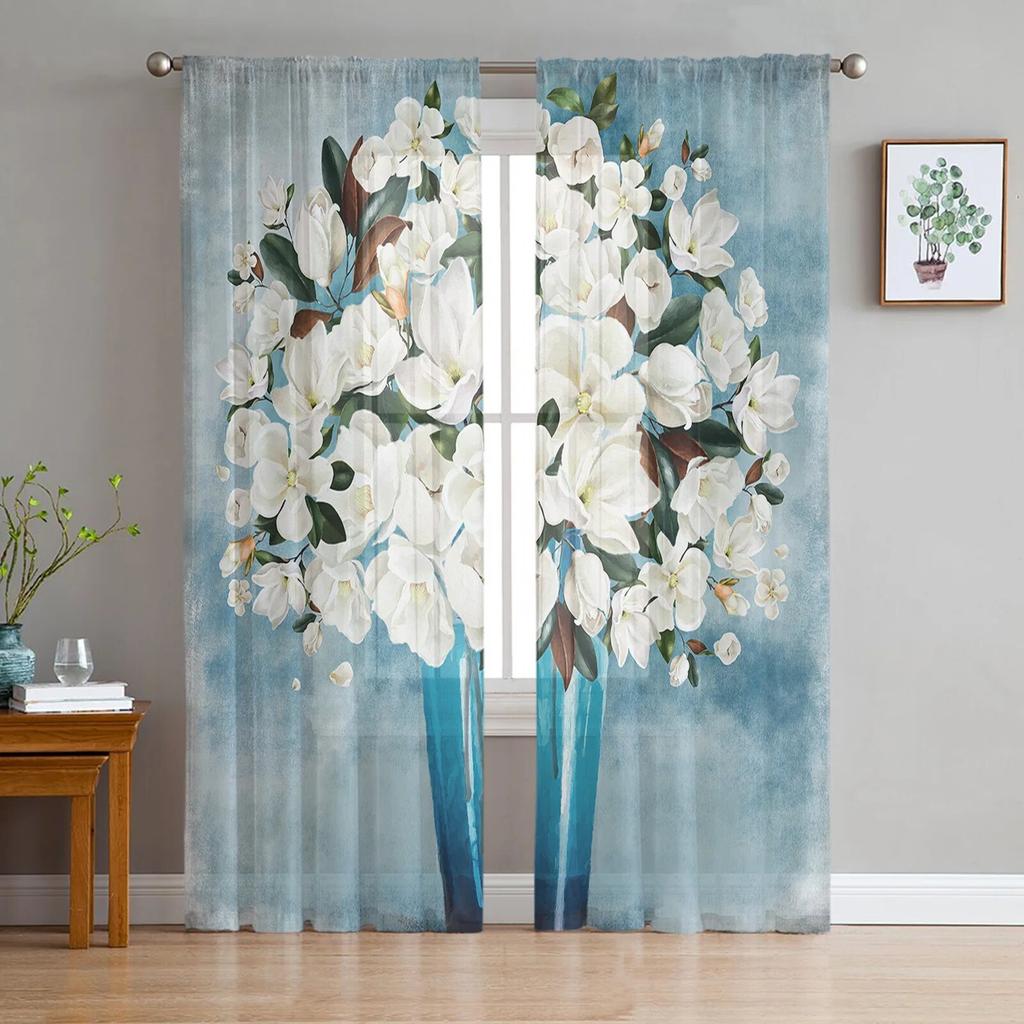 Идиллические белые цветы, винтажные фоновые тюлевые шторы для гостиной, кухни, современные оконные занавески, вуали