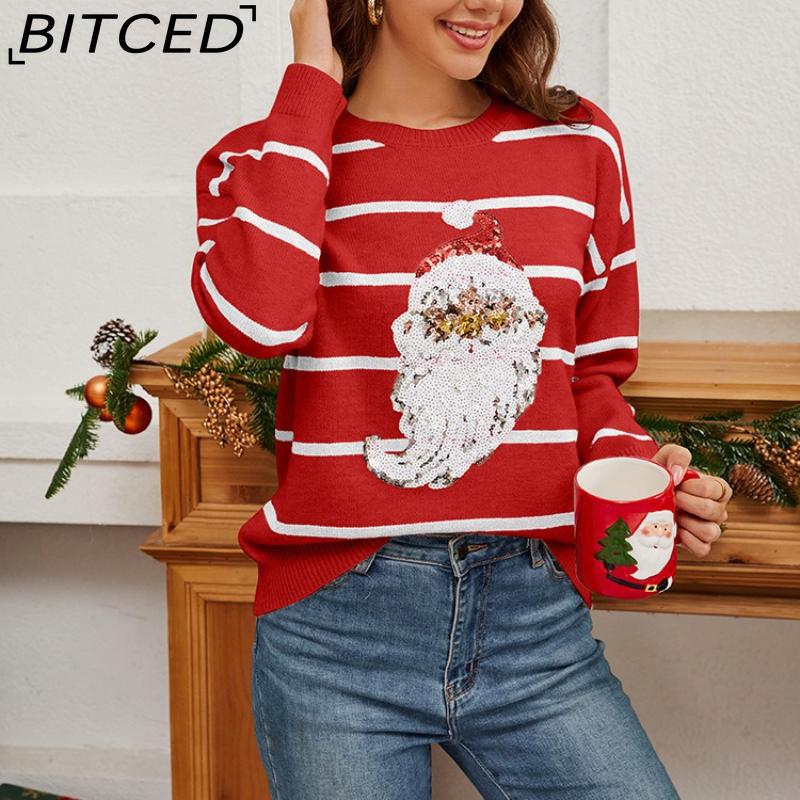 BITCED Knitted Base Layer Loose-Fit Sequined Embroidered Santa Claus Festive Striped Pullover