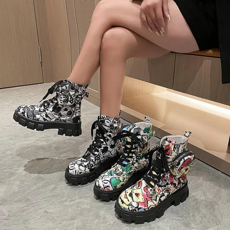 Женские ботильоны на толстой подошве, модная женская обувь с принтом, высококачественные нескользящие мотоциклетные ботинки, новые женские ботинки в готическом стиле