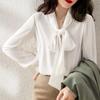 2025 Summer Korean-Style Long Sleeve Ribbon Bow Shirt for Women