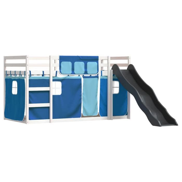 VidaXL Bunk Bed with Slide and Blue Curtains 90x200 Cm, Bed, Bed Frame, Low Bunk Bed, Bedroom Furniture 3284111