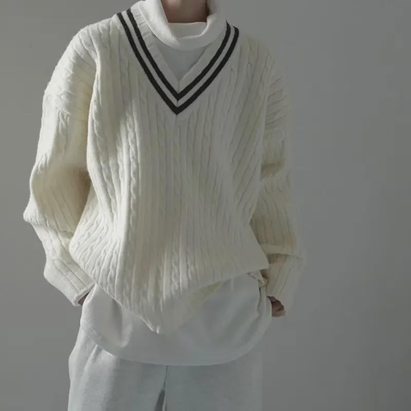 2025 Men's Retro Japanese V-Neck Twisted Knit Sweater - Soft, Loose Fit