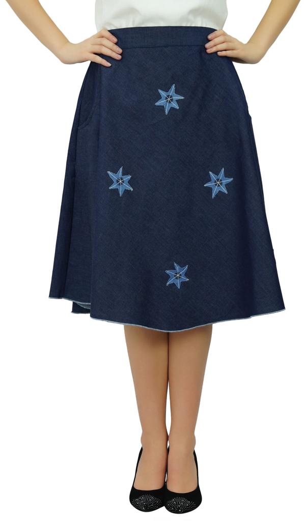 Bimba Джинсовая юбка с эластичной резинкой на спине, юбка А-силуэта с аппликацией в виде звезды