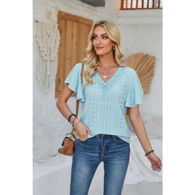 New Fashion Women's Lace V-neck Loose T-shirt Solid Color Ruffled Sleeves Spring Summer