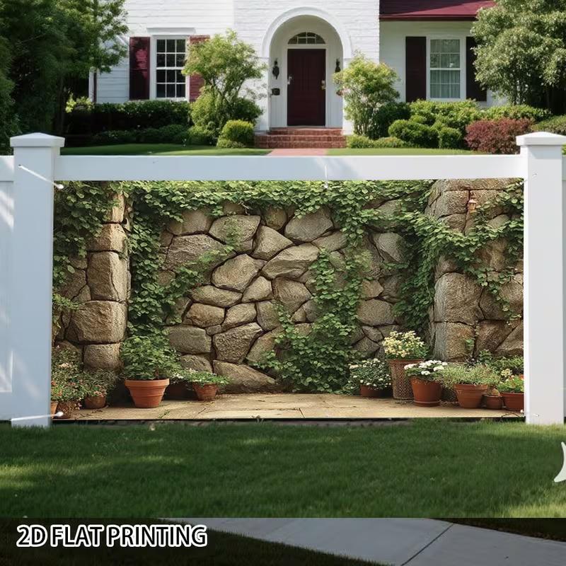 2D Country Yard Stone Wall Green Plant Background Cloth Live Stream Portrait Backdrop