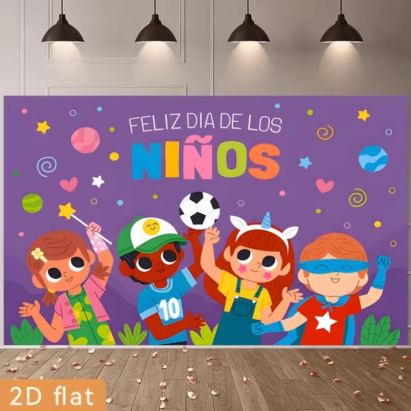 2D Feliz Dia De Los Ninos Backdrop, Happy Children's Day Cartoon Kids Photography Background Banner
