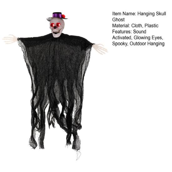 Уличная подвесная декорация на Хэллоуин в виде черепа-призрака, активируемая звуком, летающий скелет Мрачного Жнеца со светящимися глазами для переднего двора, патио, газона, сада, крыльца